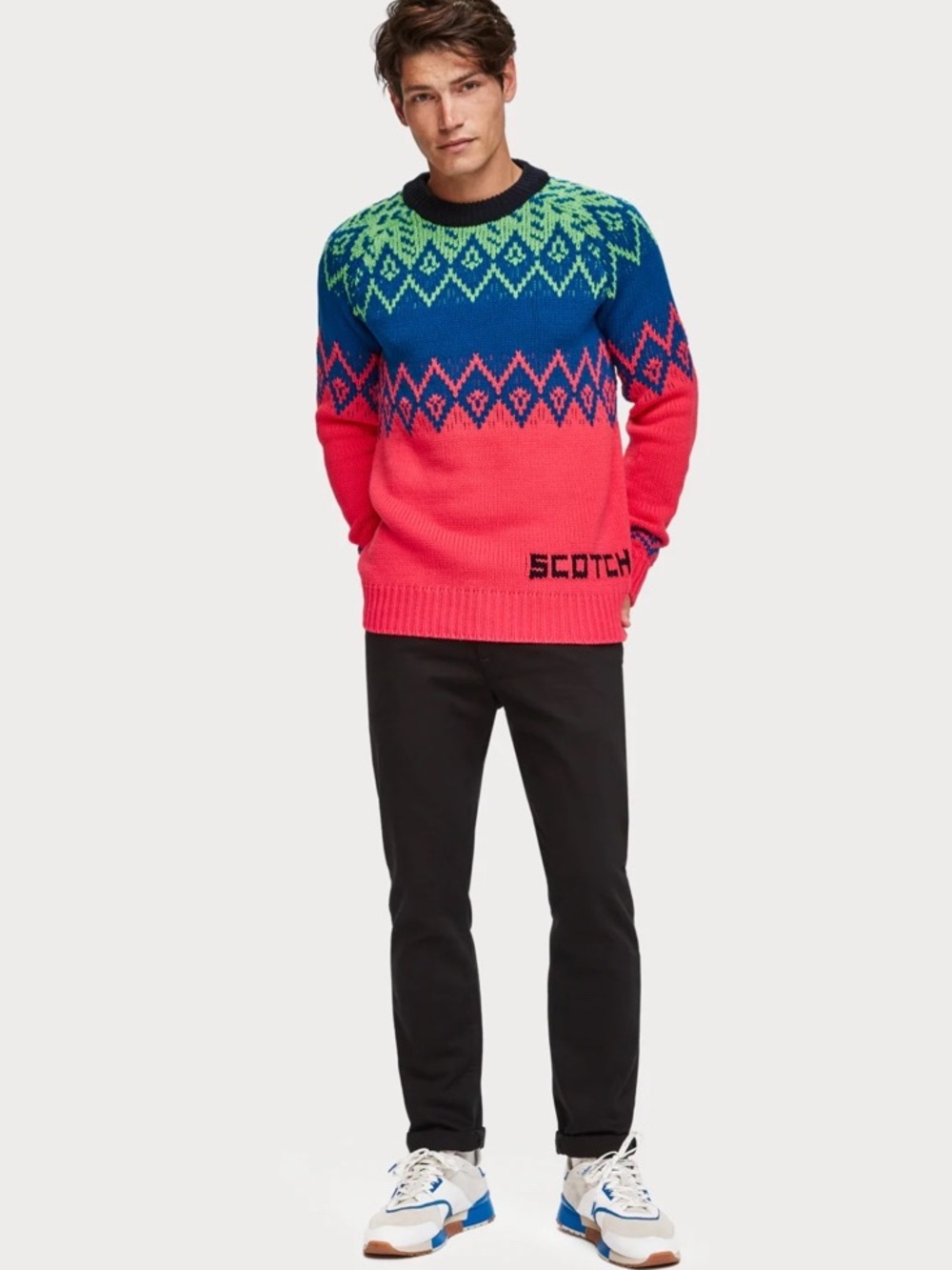 SCOTCH & SODA Men’s Bright Fair Isle Chunky Knit Sweater M Festive Holiday
